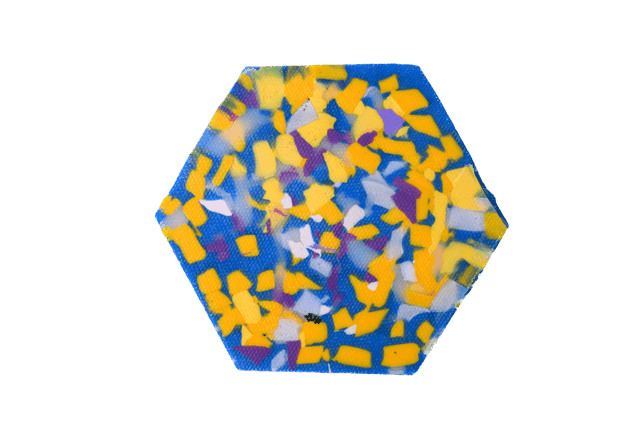 Hexagonal recycled plastic coasters with unique blue and white marbled texture.