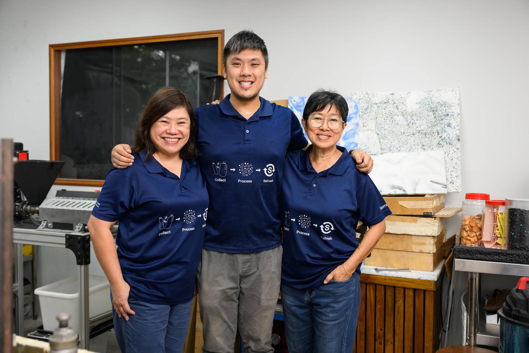 The Semula Asia team at their recycling facility, dedicated to transforming plastic waste into premium design.